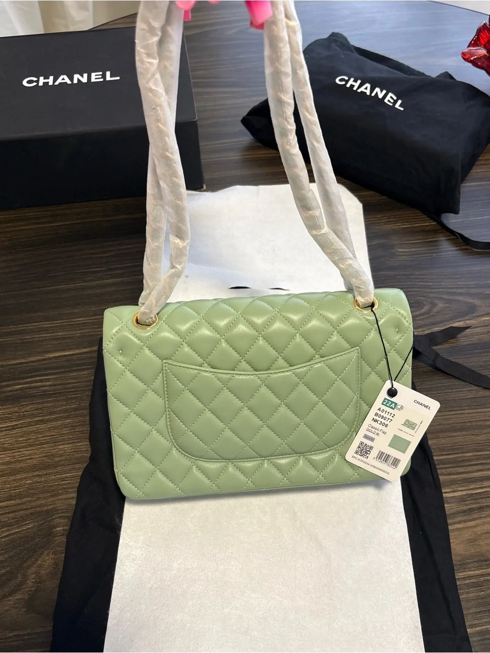 CHANEL Quilted Flap Shoulder Bag in Sage Green with Gold Hardware